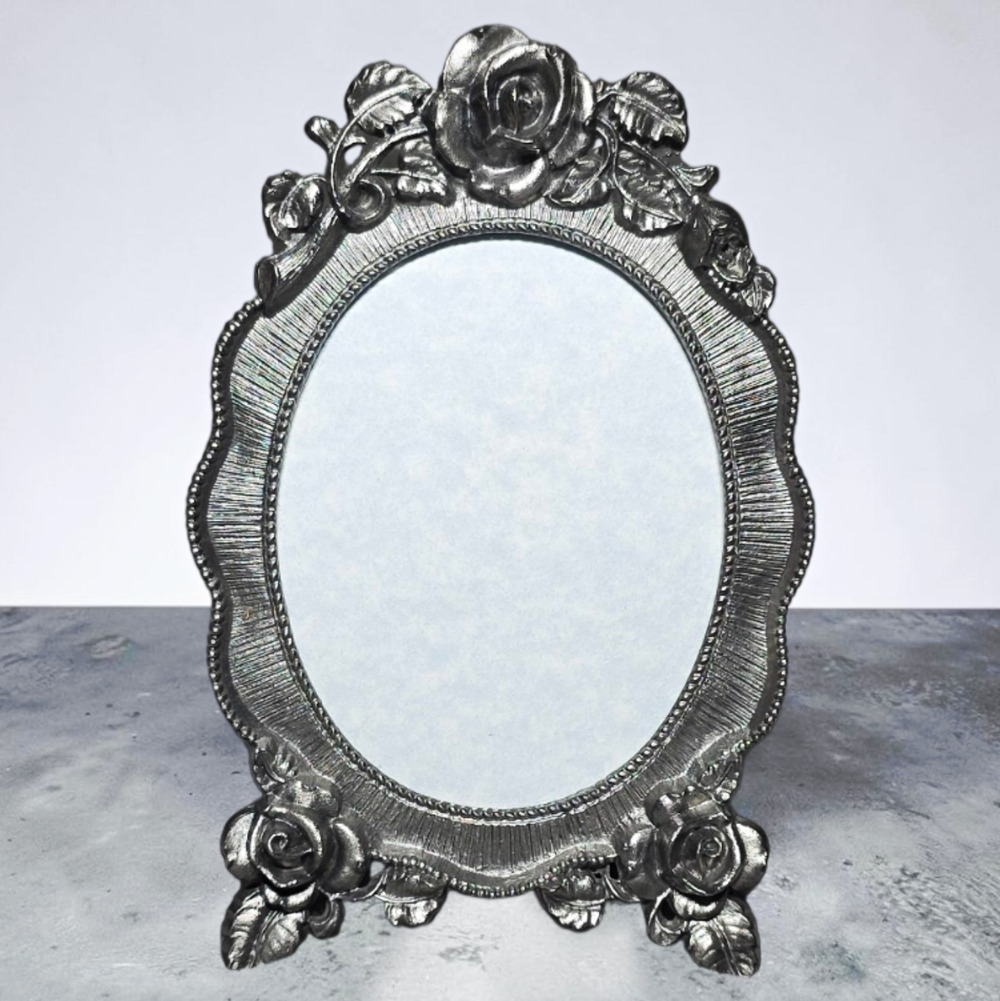 Vintage Oval Floral Rose Vanity Mirror Silver Tone Metal Frame Freestanding